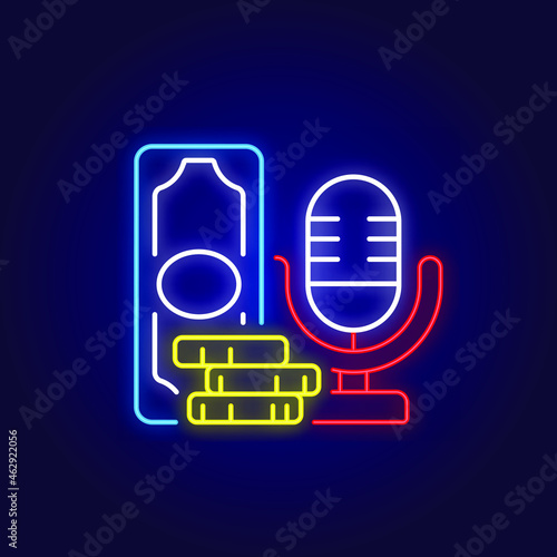 Microphone with money color neon icon. Podcast. Thin line symbols. Isolated vector illustrations.