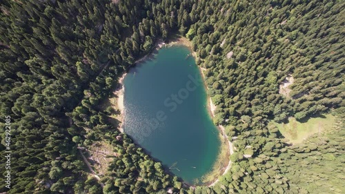 Aerial view of mountain lake surrounded by dense coniferous and beech forest. Montenegro, Europe. In Montenegro they call him Zabojsko Jezero and has an elevation of 1481 metres photo