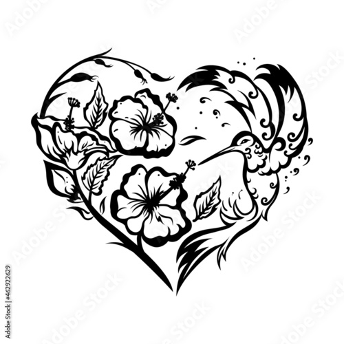 Hummingbird pattern. Isolated black stencil of bird. Romantic heart tattoo. Valentine card clipart