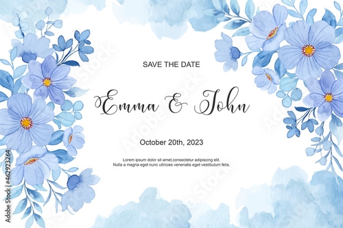 Save the date spring blue flower with watercolor