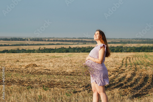 Fototapeta Naklejka Na Ścianę i Meble -  happy red-haired pregnant woman in dress standing in field alone with a bouquet of wildflowers and looks at the cloudy sky