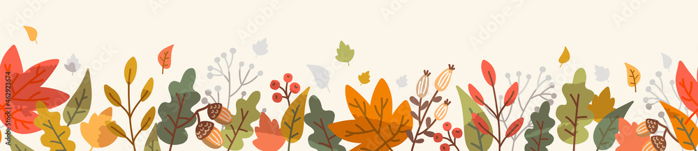 Autumn leaf fall horizontal banner. Seamless border with hand drawn cute colorful leaves. Vector illustration  - obrazy, fototapety, plakaty 