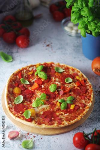 Pizza with salami and basil