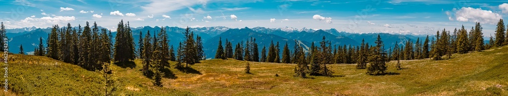 High resolution stitched panorama of a beautiful alpine summer view at the famous Rossbrand summit near Filzmoos, Salzburg, Austria