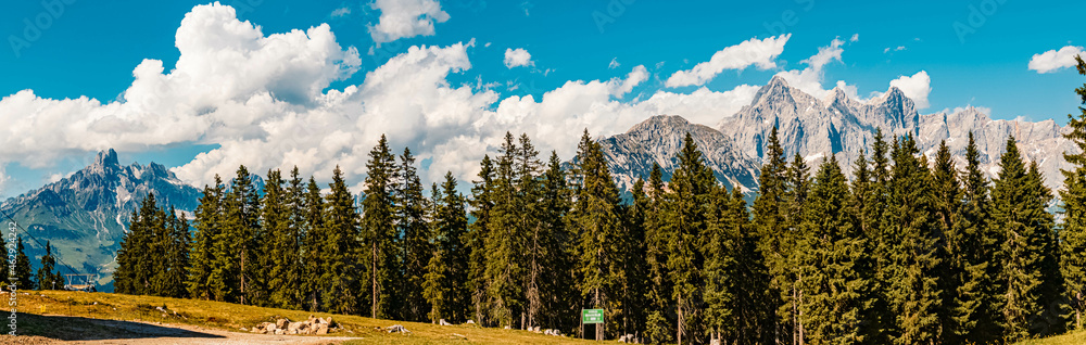 High resolution stitched panorama of a beautiful alpine summer view at the famous Rossbrand summit near Filzmoos, Salzburg, Austria High resolution stitched panorama of a beautiful alpine summer view at the famous Rossbrand summit near Filzmoos, Salzburg, Austria
