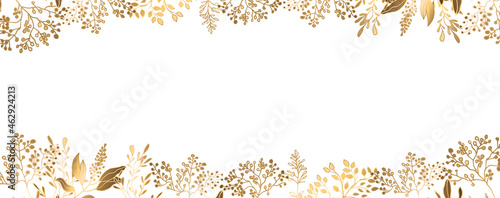 Floral frame made of golden branches and leaves. Luxurious golden wallpaper.White background and beautiful leaves at the top and bottom of the illustration. Vector illustration.