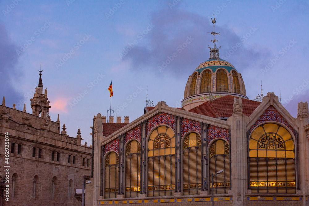 Central market of Valencia at sunset