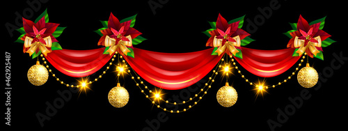 Christmas holiday border, vector x-mas ribbon curtain frame, golden winter decoration, yellow bow. Festive celebration garland, poinsettia leaf holly, evergreen plant on black. Christmas border header