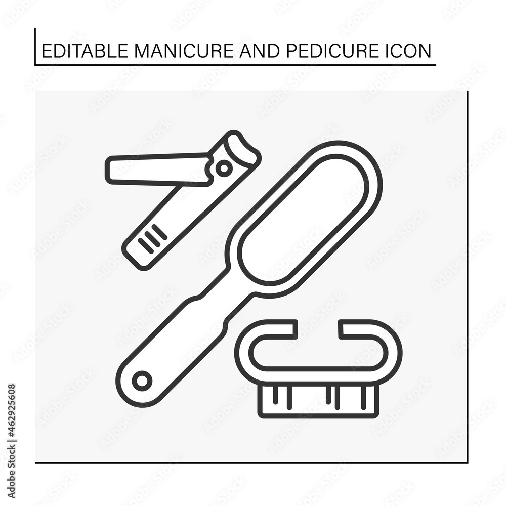Tools line icon. Professional manicure instruments. Nail clippers, pedicure file and cleaning brush.Manicure and pedicure concept. Isolated vector illustration. Editable stroke Tools line icon. Professional manicure instruments. Nail clippers, pedicure file and cleaning brush.Manicure and pedicure concept. Isolated vector illustration. Editable stroke