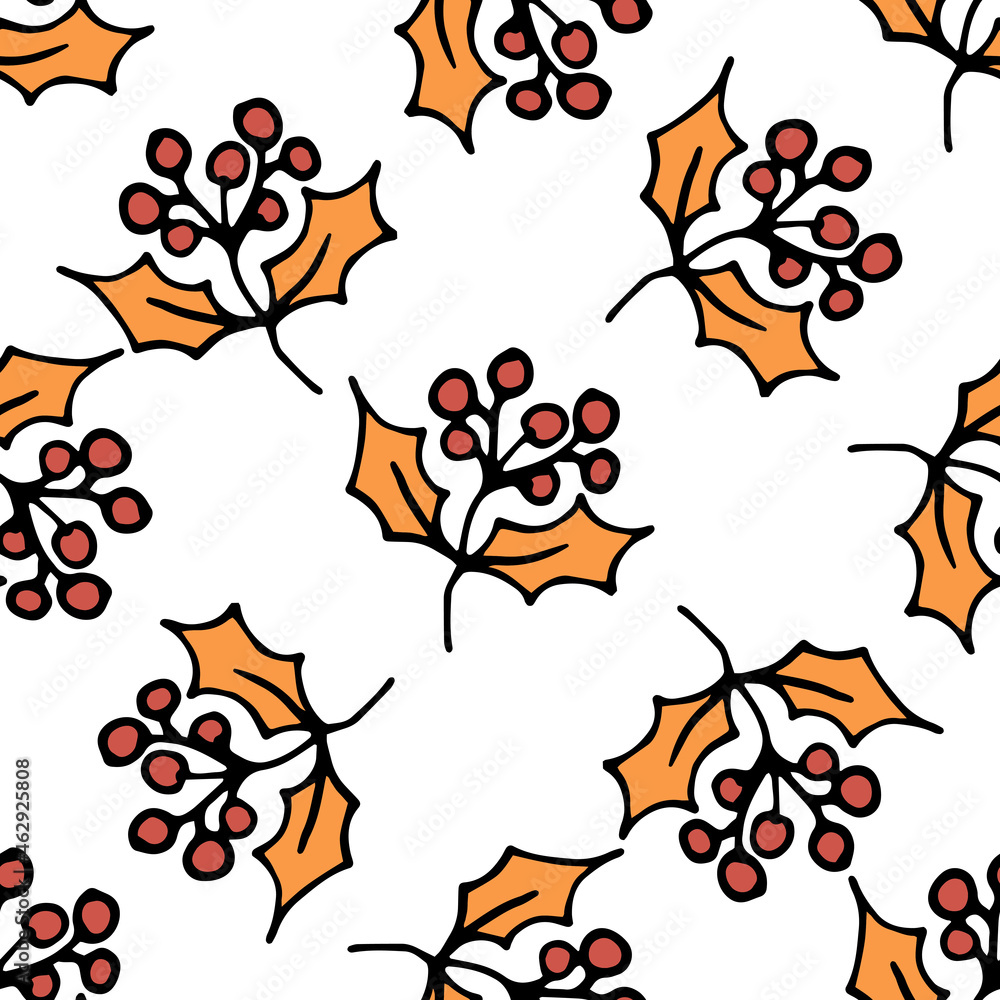 A PATTERN of autumn branches with leaves and berries. hand-drawn hand-drawn doodle style branches with sharp orange leaves and a bunch of red berries randomly arranged on a white background