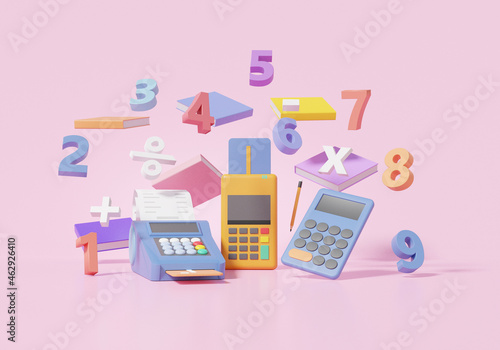 Pos terminal and Calculator, number, book floating basic math operation symbols math, plus, minus, multiplication, Learning finance education concept. cartoon style. 3D render illustration