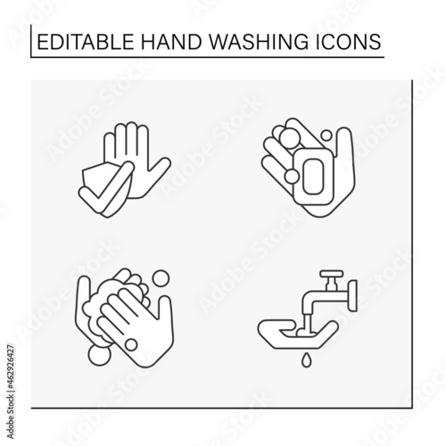 Hand washing line icons set. Rules for cleaning palms. Disinfection. Hygiena concept. Isolated vector illustrations. Editable stroke