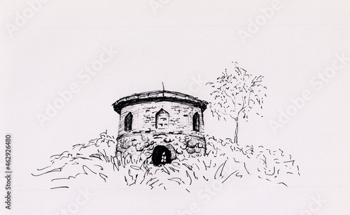 Hand drawn illustration of abandoned medieval Eastern European building. Remains of historical heritage in Belarus. Original artwork for greeting card, book illustration, travel poster, print.