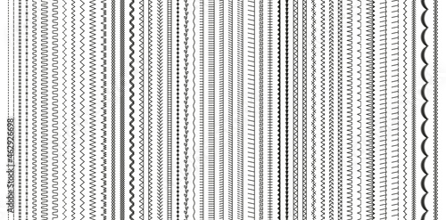 Embroidery stitches. Sewing seams. Set of machine thread sew brushes. Overlock fabric elements. Outline border isolated on white background. Seamless pattern. Simple design. Vector illustration. photo