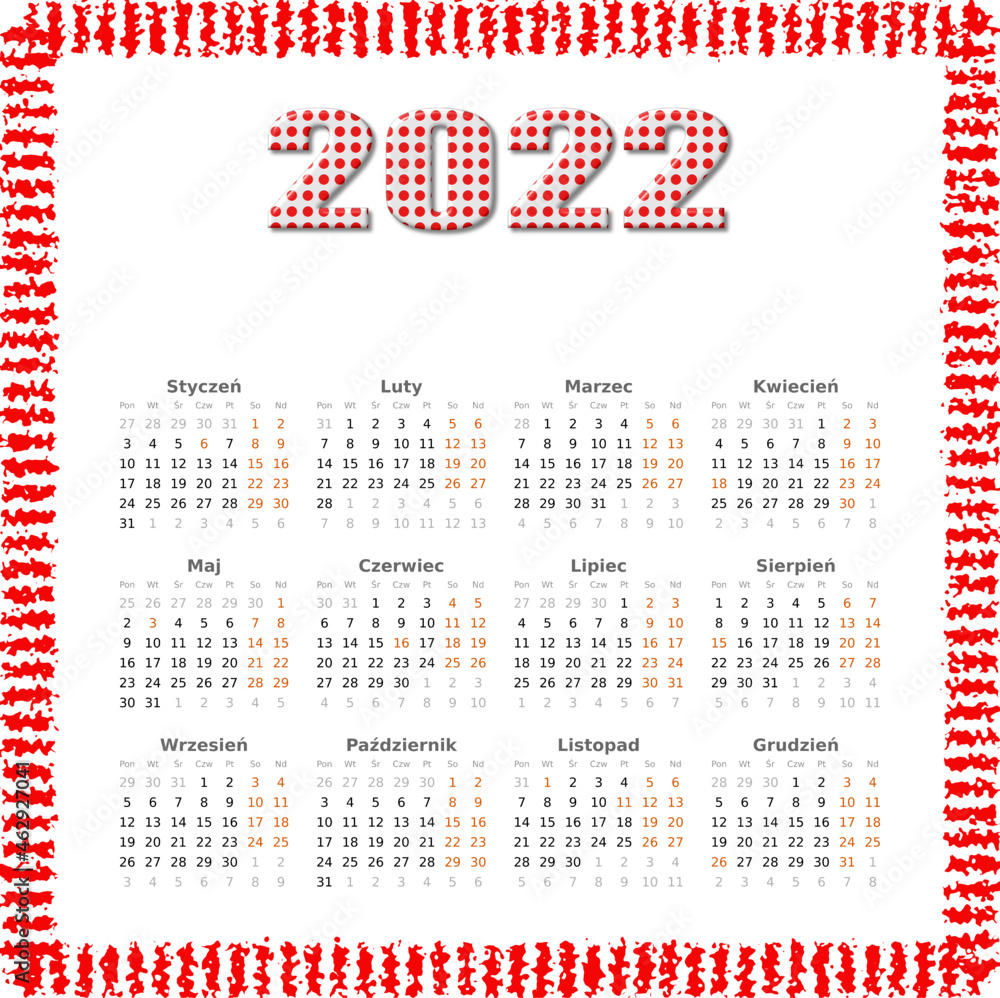 Kalendarz na 2022 rok - język polski - 12 miesięcy - święta i dni wolne zaznaczone innym kolorem. - obrazy, fototapety, plakaty 