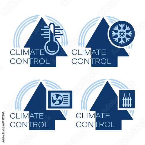Home climate control system. Vector icon set. Warming, heating unit, air conditioners system.