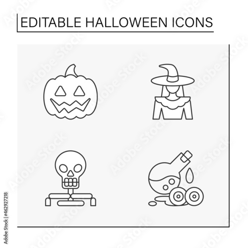  Halloween line icons set. Traditional holiday element. Witch, skeleton, blood and jack-o-lantern. Holidays calendar concept. Isolated vector illustration. Editable stroke