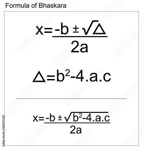 Formula of bhaskara. illustration of the equation. Mathematical operation. x is equal to b plus or minus the square root of the delta over 2 a. complete and reduced equation. for use in books, classes