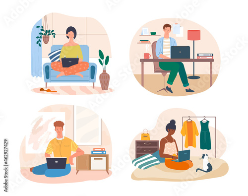 Set of freelance. Collection of pictures with people who work from home. Modern technologies, new professions, convenient workplace. Cartoon flat vector illustration isolated on white background