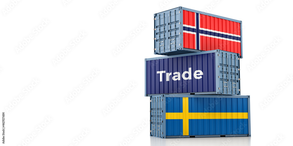 Shipping containers with Norway and Sweden flag. 3D Rendering Shipping containers with Norway and Sweden flag. 3D Rendering