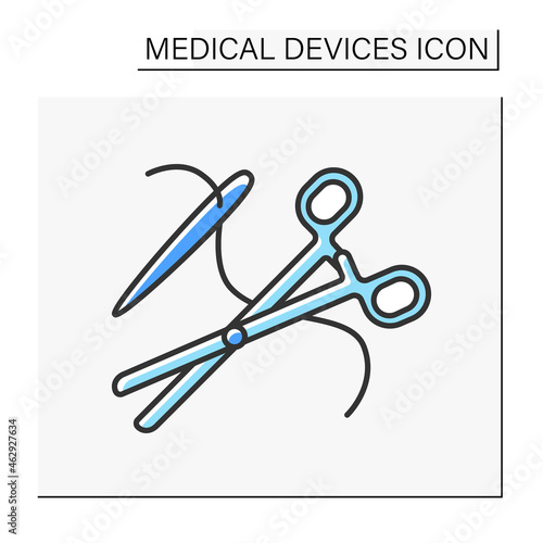  Medical clamps color icon. Surgical instruments.Device for compressing a part or structure. Scissors and needle.Medical devices concept. Isolated vector illustration
