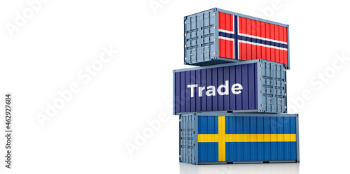 Shipping containers with Norway and Sweden flag. 3D Rendering © Marius Faust
