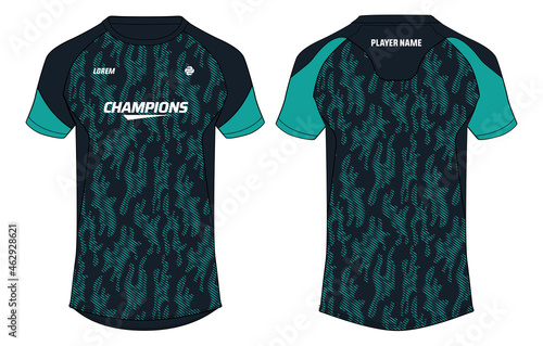 Camouflage Sports jersey t shirt design concept vector template, football jersey concept with front and back view for Cricket, soccer, Volleyball, Rugby, tennis and badminton uniform