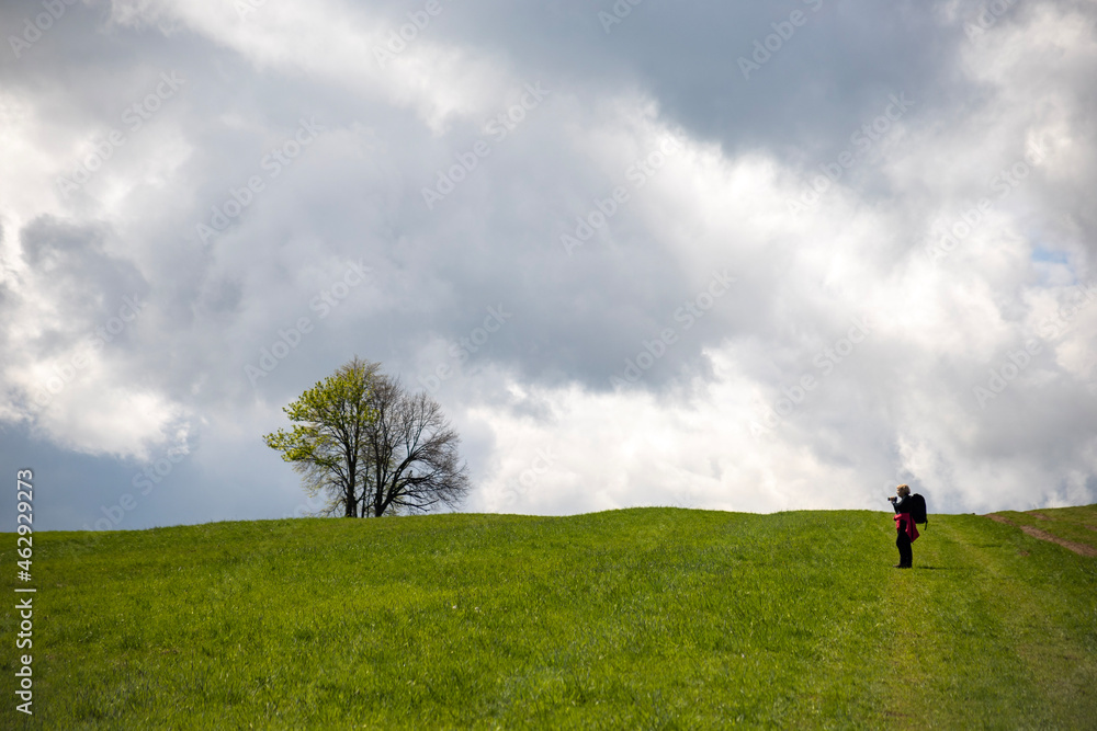 A child with a backpack standing in the meadow. The way up. Tree in the field. Hill and clouds.