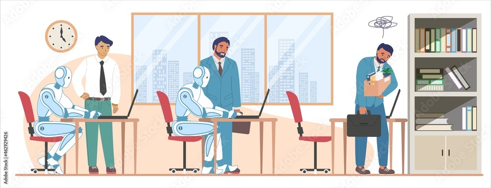 Fired employee leaving office, robots working on computers, vector illustration. AI superiority. Human staff reduction. Fired employee leaving office, robots working on computers, vector illustration. AI superiority. Human staff reduction.