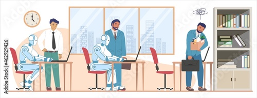 Fired employee leaving office, robots working on computers, vector illustration. AI superiority. Human staff reduction.