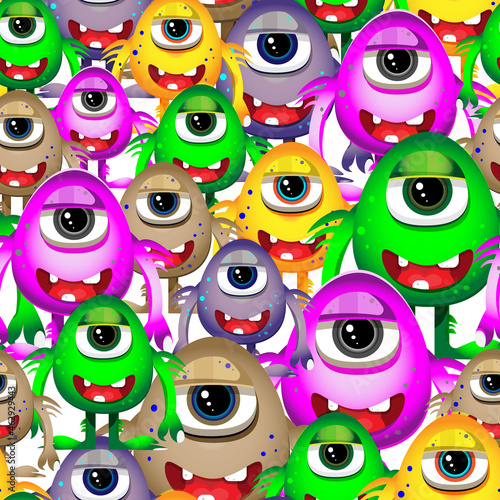 Funny patterns with one-eyed monsters. design for packaging, textiles, wallpaper, backdrop, nursery, cover, postcard.