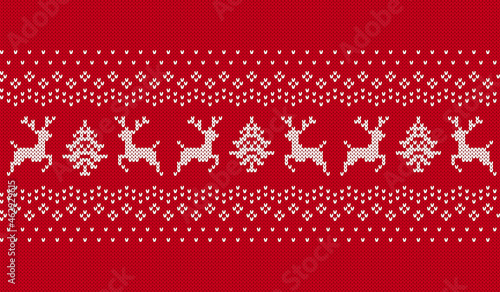 Christmas seamless pattern. Red knit print with deers and trees. Knitted sweater background. Xmas geometric texture. Holiday fair isle traditional ornament. Festive border. Vector illustration