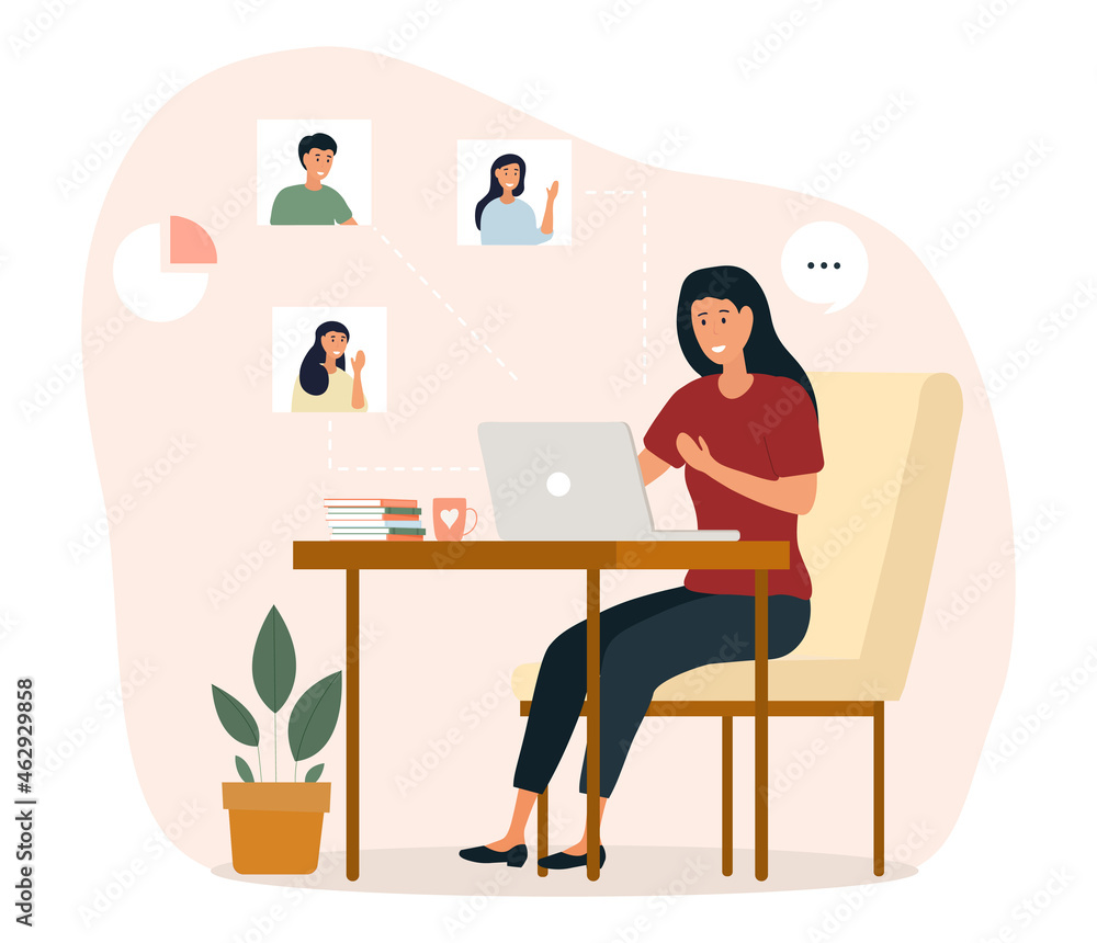 Video conference from home. Online meeting with colleagues. Remote work or freelance. Woman sitting at laptop and chatting with friends. Cartoon flat vector illustration isolated on white background Video conference from home. Online meeting with colleagues. Remote work or freelance. Woman sitting at laptop and chatting with friends. Cartoon flat vector illustration isolated on white background
