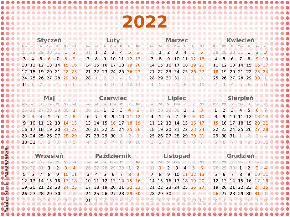 Kalendarz 2022 rok - język polski - 12 miesięcy - święta i dni wolne zaznaczone innym kolorem. - obrazy, fototapety, plakaty 