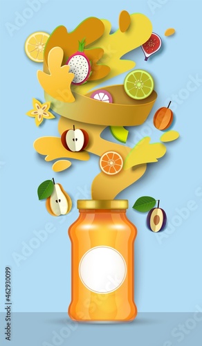 Fruit jam package glass jar, paper cut fresh fruits, liquid splash, drops. Healthy fruit preserves, vector illustration.