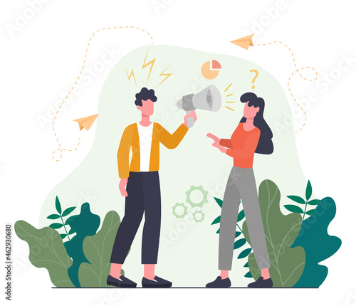 Business whistleblower outside. Advertisements, man with loudspeaker calls people to store. Outdoor ad, marketing. Work on street. Cartoon flat vector illustration isolated on white background