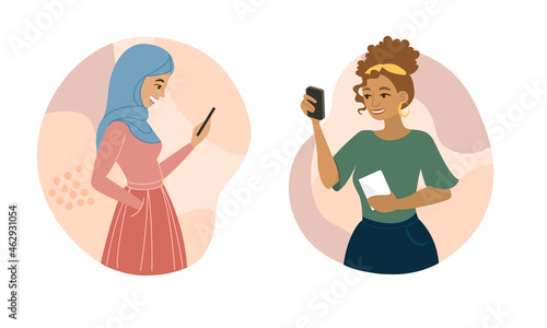 Woman using mobile. Two friends talking on smartphone. Call, communication. Girl writes sms, urgent help, support, communication. Cartoon flat vector illustration isolated on white background