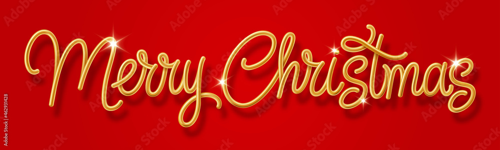 Golden Text Merry Christmas on Red Background with Gold Shine Stars. Creative Typography for Christmas and New Year Season. Perfect for Greeting Card, Holiday Greeting Gift Poster