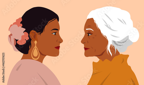 Two strong women. Mom and daughter look into each others eyes. Indian women, respect for elders. Eye to eye, conflict, confrontation. Cartoon flat vector illustration isolated on white background