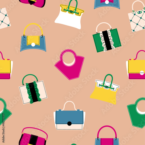 Women purse pattern. Seamless texture with trendy luxury female everyday carry accessories. Vector print with handbag, clutch and hobo
