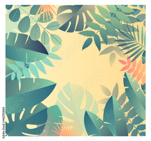 Tropical leaf background. Abstract jungle, slide for presentation. Algae, marine vegetation, flora, green. Bright summer images. Cartoon flat vector illustration isolated on beige background