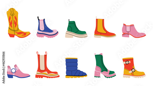 Cartoon shoes. Simple trendy male and female colourful boots, contemporary graphic template of footwear. Vector isolated set