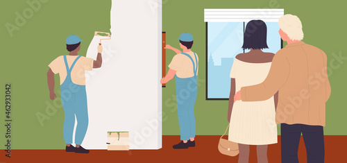 House renovation work, repair service for family vector illustration. Cartoon young couple people hug, watch as painter workers repairing home apartment interior, paint wall with roller background