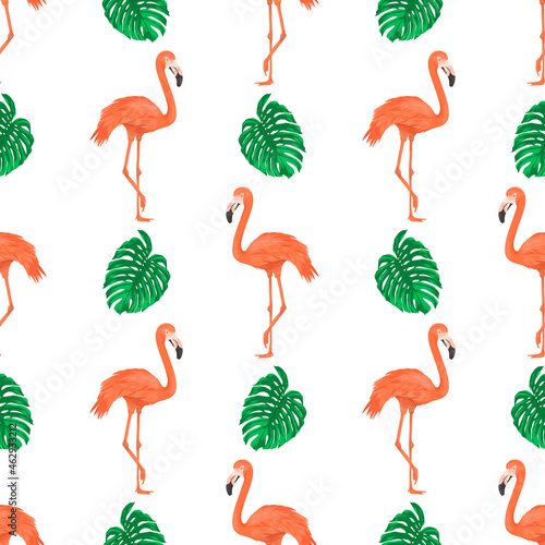 Seamless Pattern with Flamingo Bird and Tropical Leaves. Repeated Tropical Background. Flat Vector Illustration. Africa  Savannh  Exotic  Summer  Flamingo Pattern. Tropic Concept