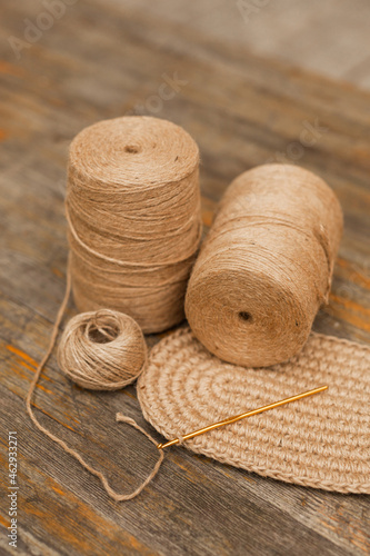 Jute thread knitting bobbins. Natural materials for needlework.