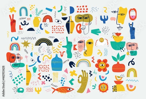 Big Set of Different colored Vector illustartion posters in Cartoon Flat design. Hand drawn Abstract shapes, funny Comic characters.