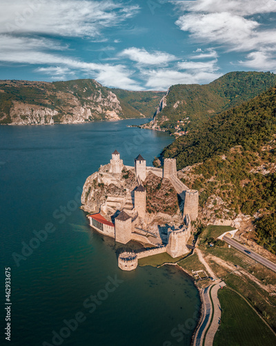 Drone view of Golubac fortress and Danube river photo