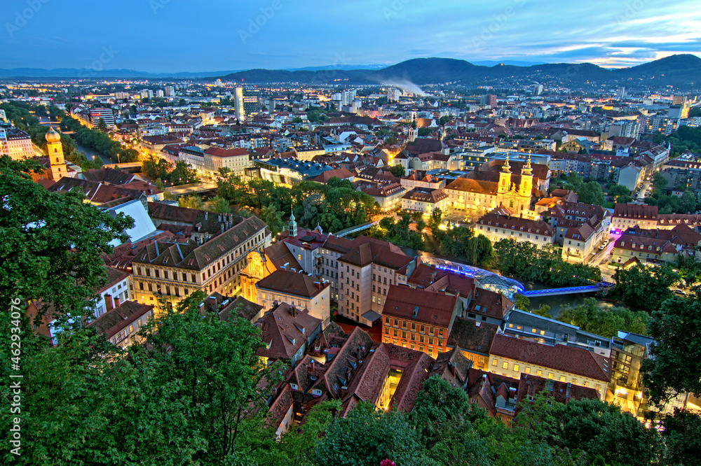 Panorama view of the city of Graz in the evening