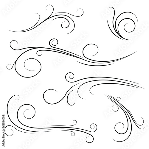 Set Black Collection Simple Line Winds Gust Squall Curl Doodle Outline Nature Element Vector Design Style Sketch Isolated Illustration
