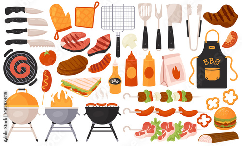 Bbq grill food, barbecue meat menu set vector illustration. Cartoon picnic summer party barbeque collection, roast beef or pork on fire, sausage burger and sauces, kitchen tools isolated on white